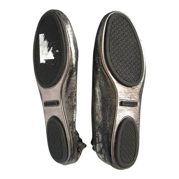 Tory Burch Minnie Leather Ballet Flats 8 Pewter Grey Metallic Double T Logo - Picture 10 of 10